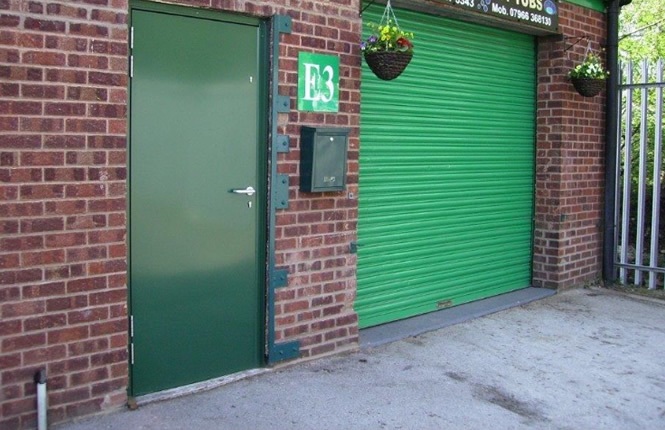RSG8000 industrial security door on a commercial shop entrance.