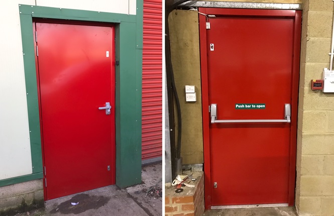 RSG8100 fire escape security door installed on a retail warehouse in Romsey, Hampshire.